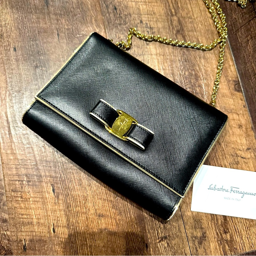 Salvatore Ferragamo Nero Gold Trim Black Mini Crossbody shoulder bag purse